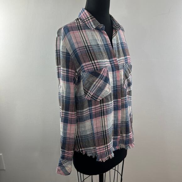 BELLA DAHL Linen Blend Pink Gray Button-Down Plaid Top Shirt Raw Hem Size S - Picture 4 of 10